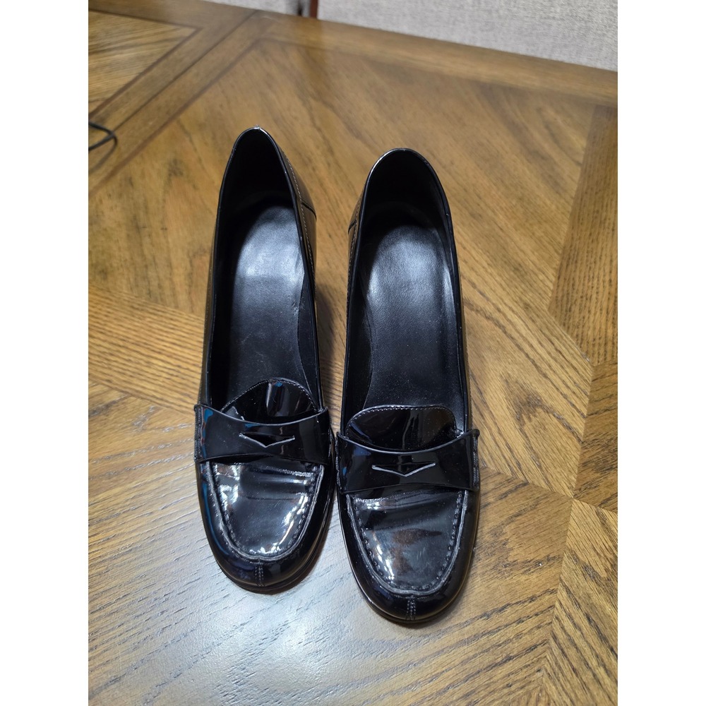 Michael Kors Black Patent Heeled Loafers Penny Strap Block Heel Size 7M PW19E